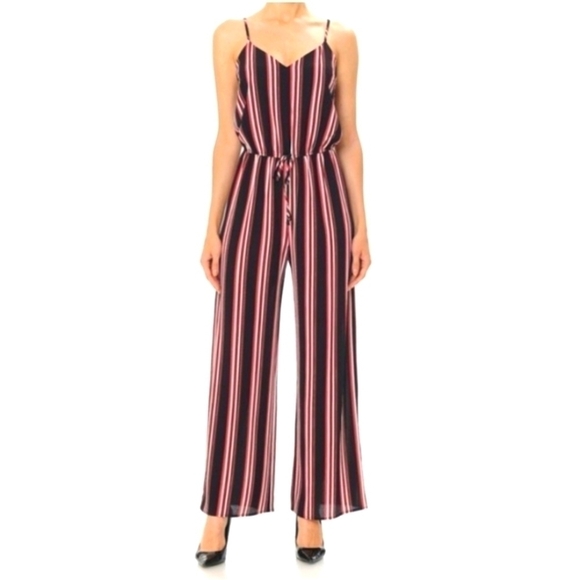 AMBIANCE STRIPED JUMPSUIT Sz: SMALL red black striped bubble crepe wide leg - Picture 3 of 12